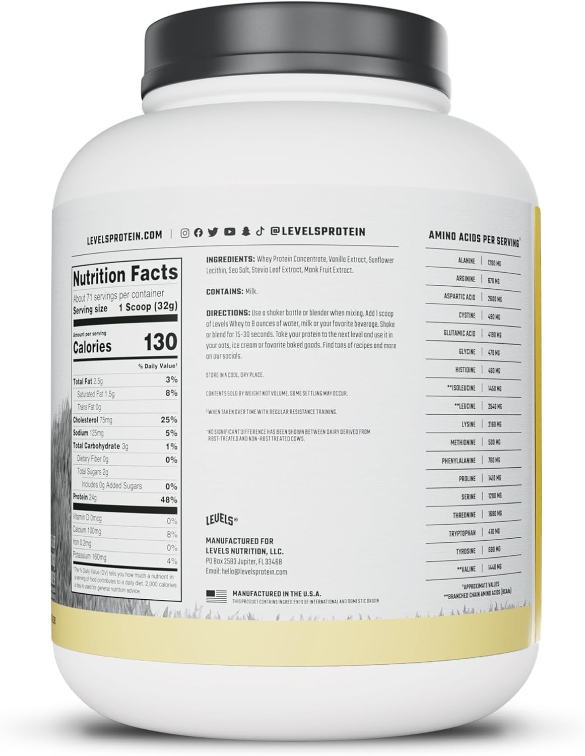 Grass Fed Whey Protein Powder 5LB Vanilla Bean 24g Protein No Artificials BCAAs