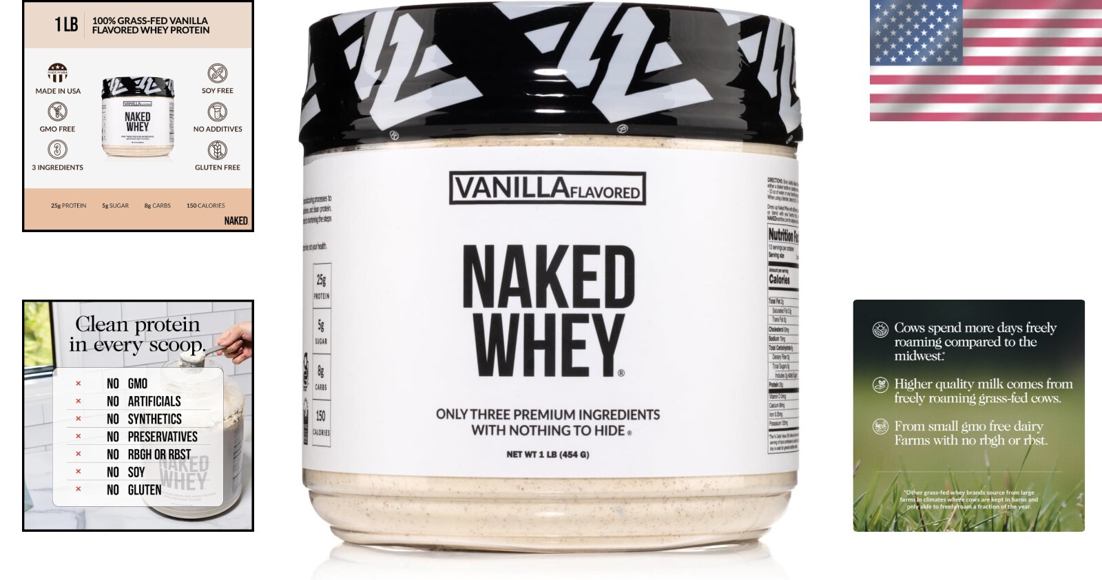 Naked Vanilla Whey Protein 1Lb – 3 Ingredients, All-Natural Grass-Fed Formula