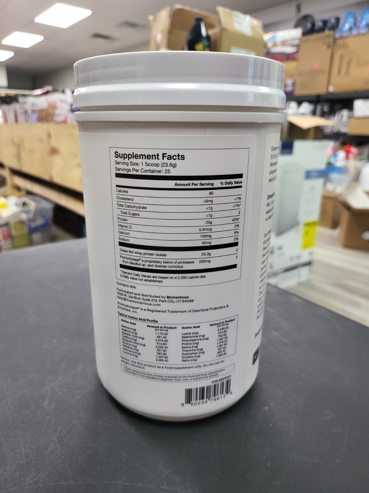 Momentous Whey Protein Isolate Powder Unflavored Grass Fed NSF Sport 1.3 lb