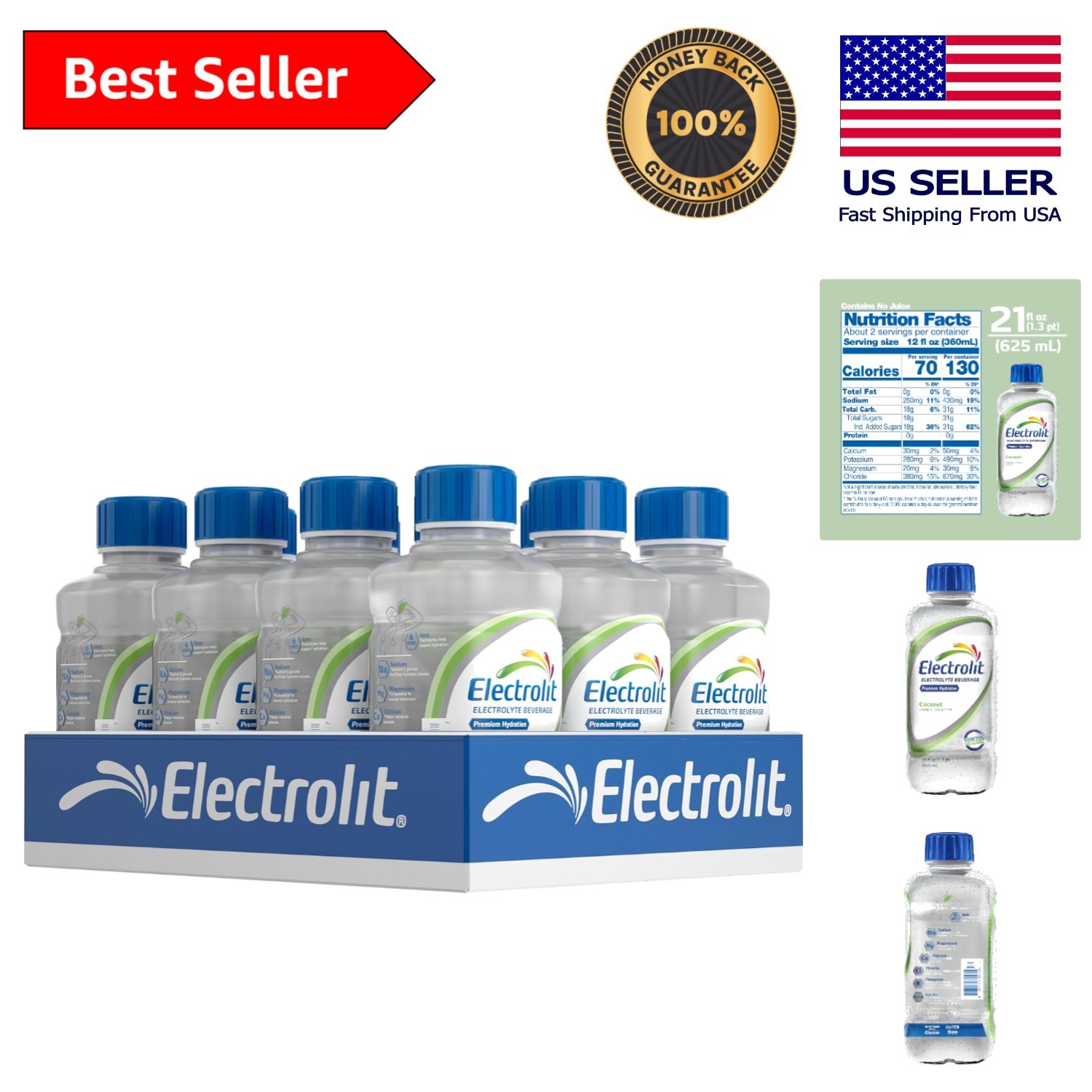 Electrolyte Beverage Coconut Flavor 21 Fl Oz – Pack of 12 for Instant Hydration
