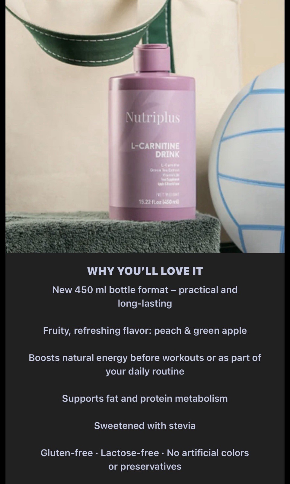 Nutriplus Liquid L-Carnitine Plus Green Tea Vitamin B6 Peach Apple Flavor 450mL