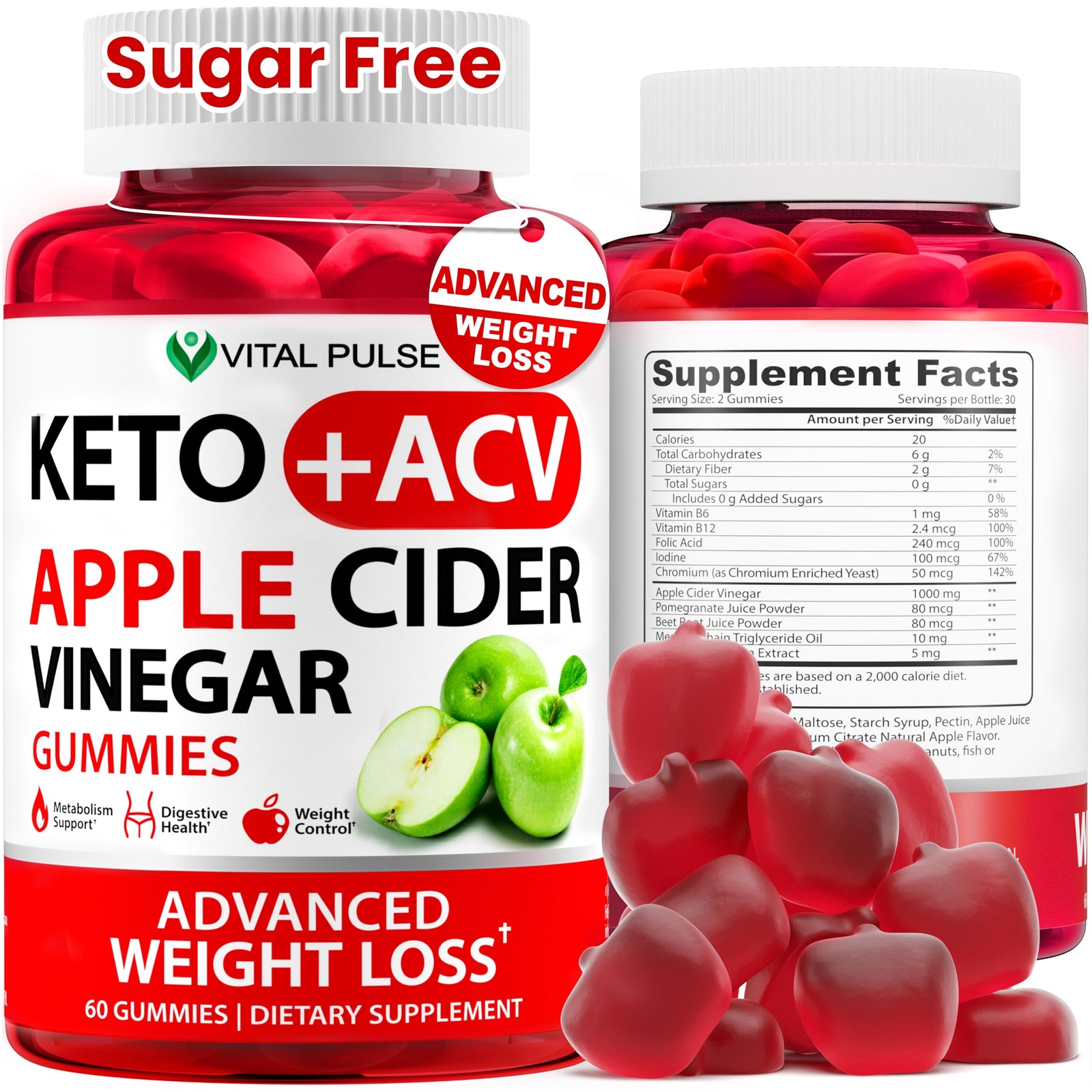 Keto ACV Gummies Advanced Weight Loss – Sugar Free 60 Gummies, Green Apple