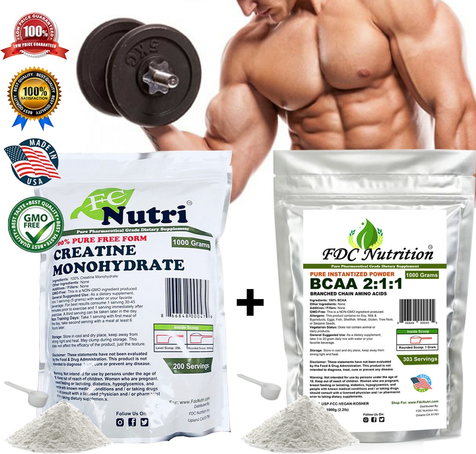 BCAA + Creatine Mono FREE FORM – 1000g EACH 100% PURE KOSHER POWDER