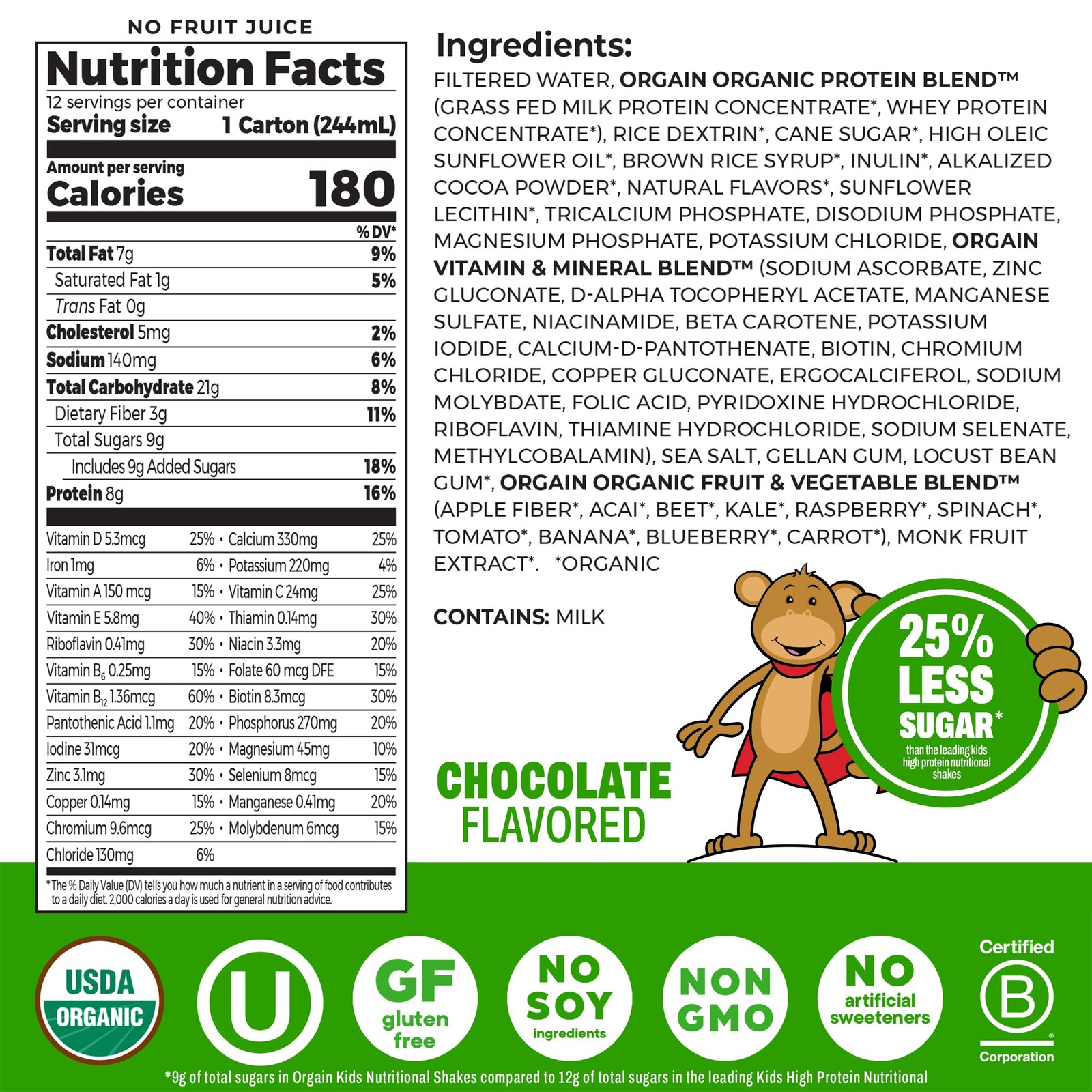 Orgain Organic Kids 8.25 Fl Oz (Pack of 12), Grass Fed Shakes