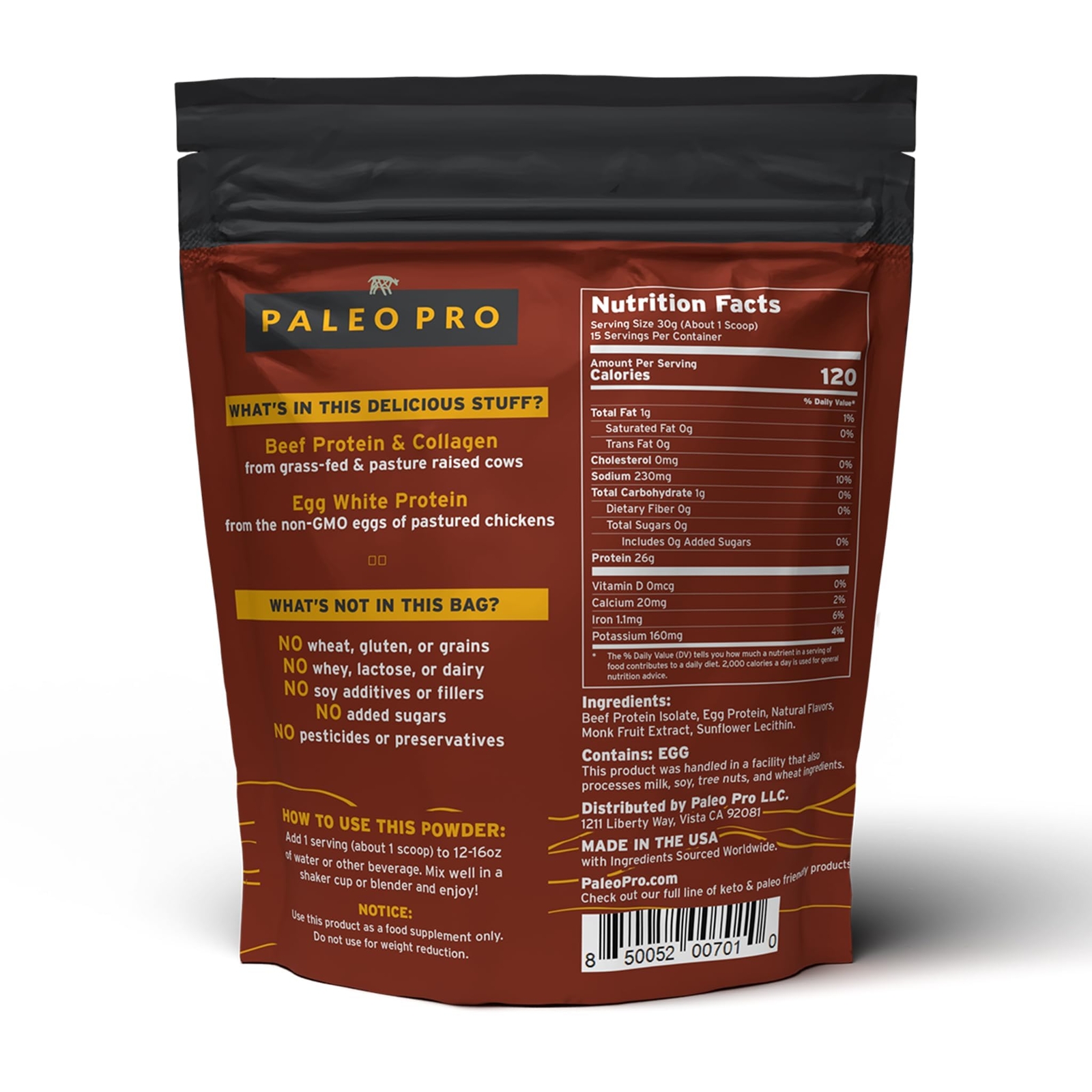 Paleo Protein Supplement Powder 1 Pound Grass Fed Beef Egg White Grain Free