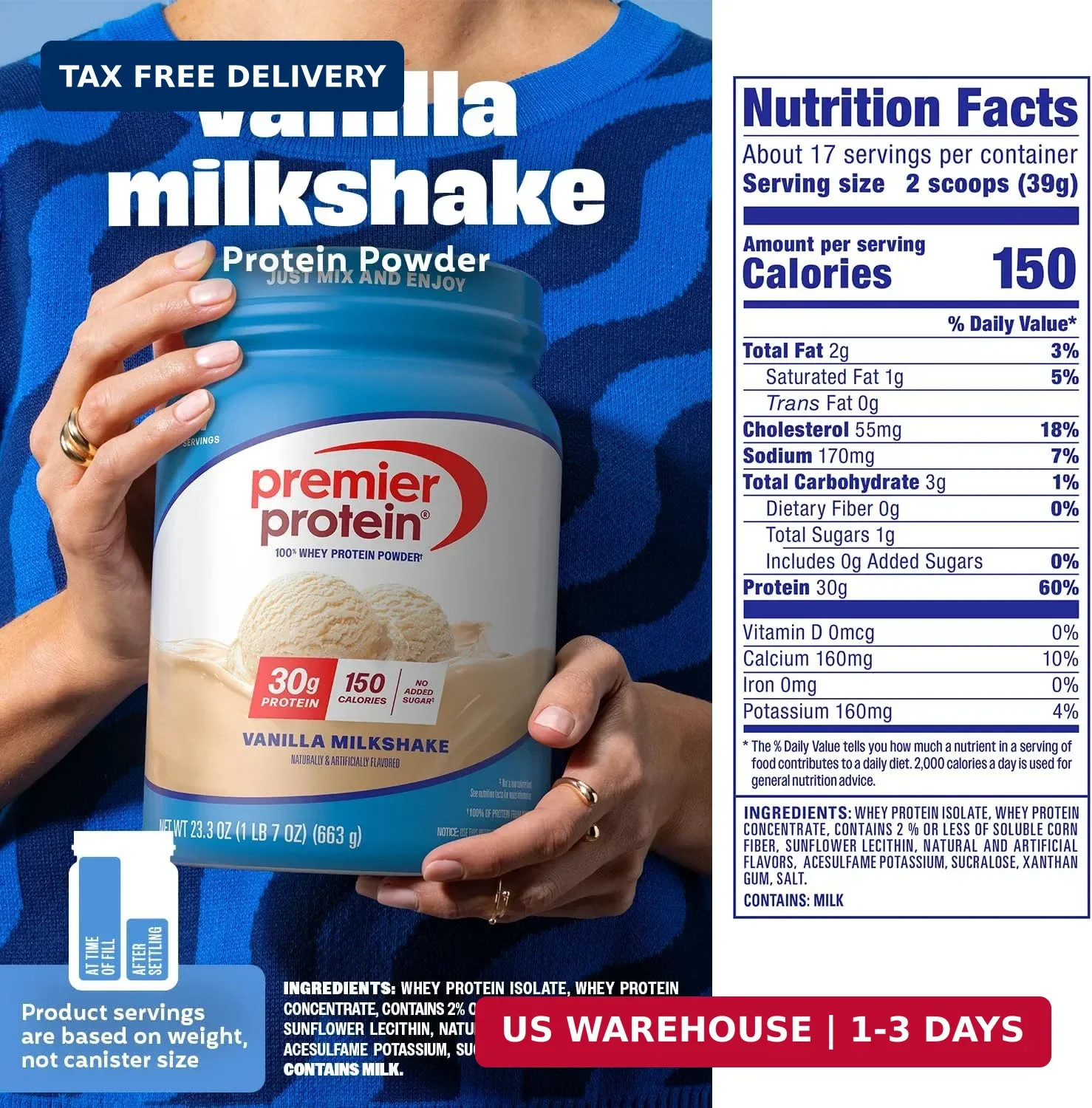 Premier Protein 30g High Protein Powder, 100% Whey, Vanilla, 17 Servings | No Ad