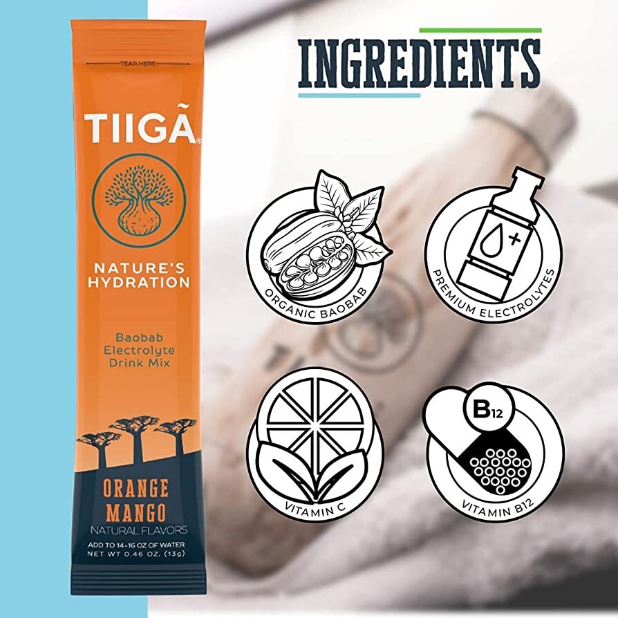 TIIGA Hydration Energy Drink Prebiotics Electrolytes Gut Health MANGO ORANGE 6pk