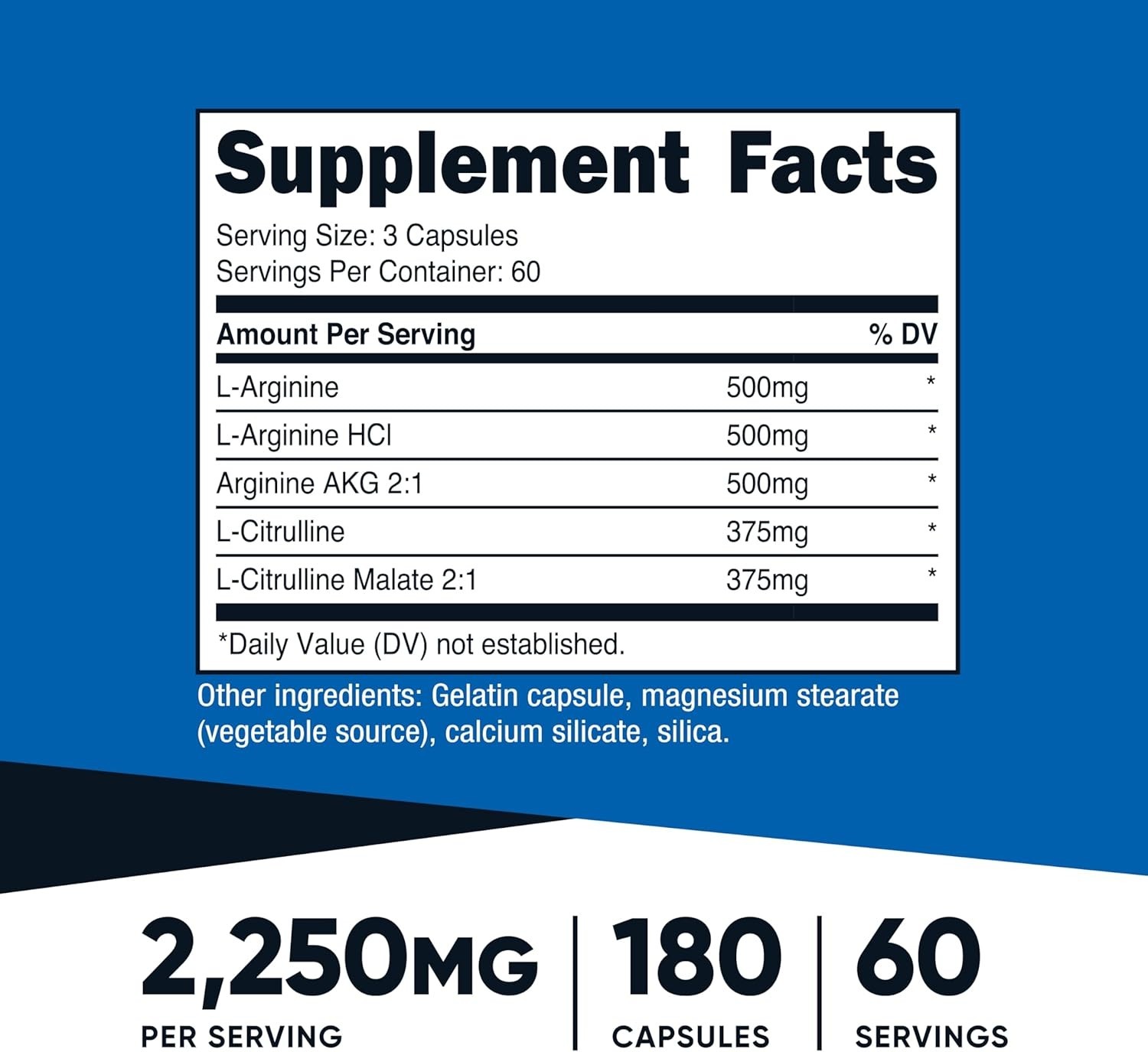 Nitric Oxide Booster Capsules 2250mg 180 Count Vascular Health Support
