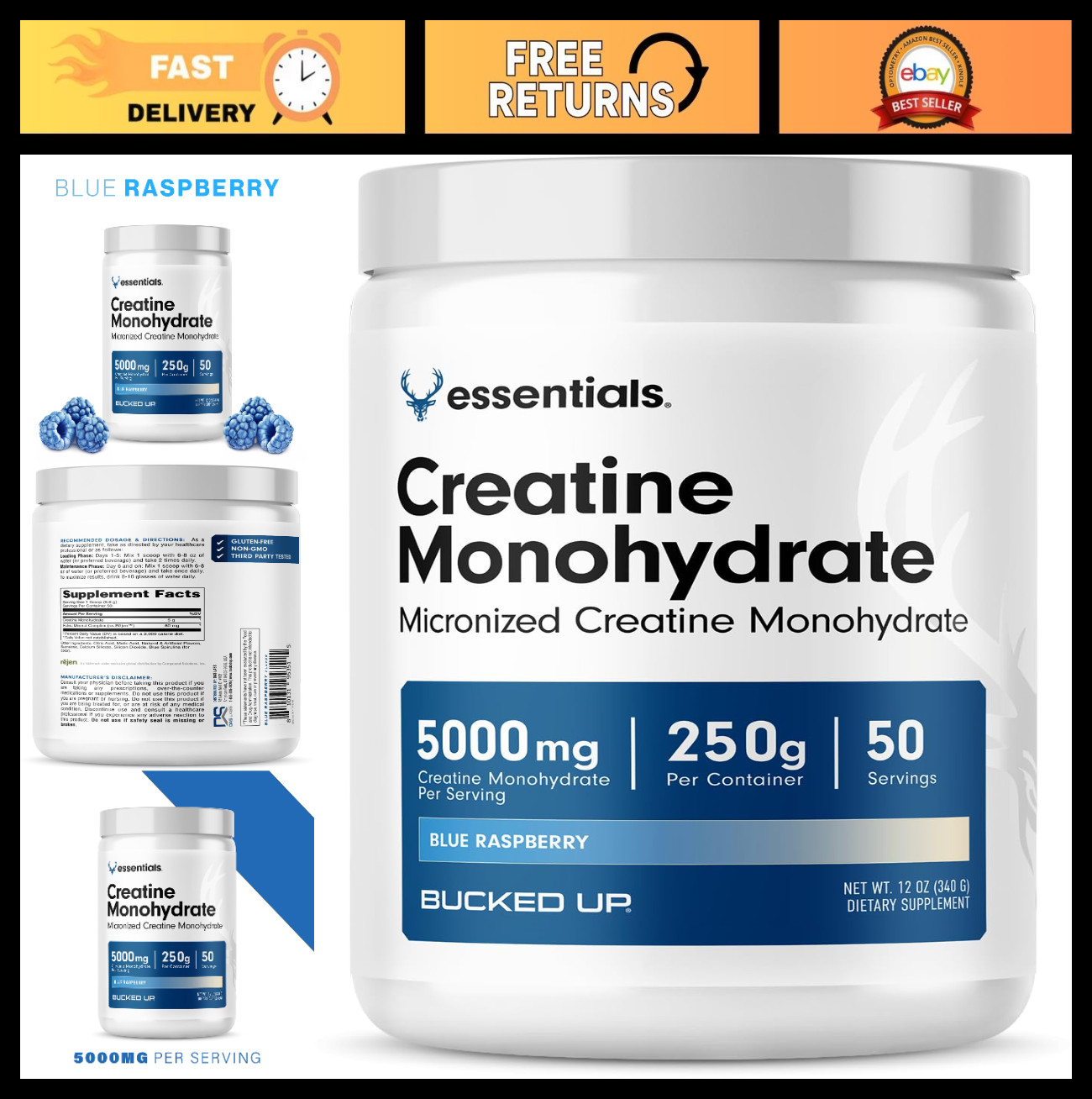 Blue Raspberry Creatine Monohydrate Powder – Easy Mix, Vegan, 5G/Serving, 50 Ser
