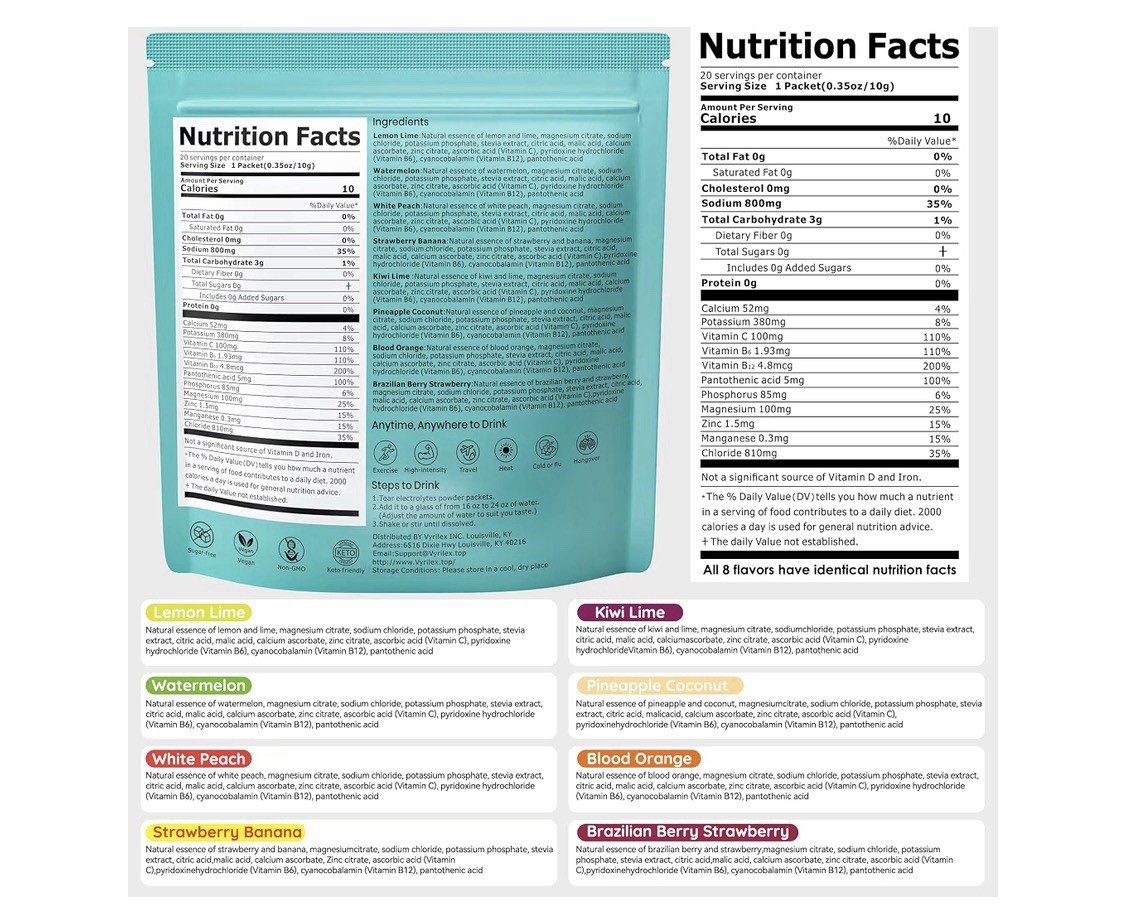 Vyrilex Electrolytes Hydration Powder Mix Variety Pack 20 Servings