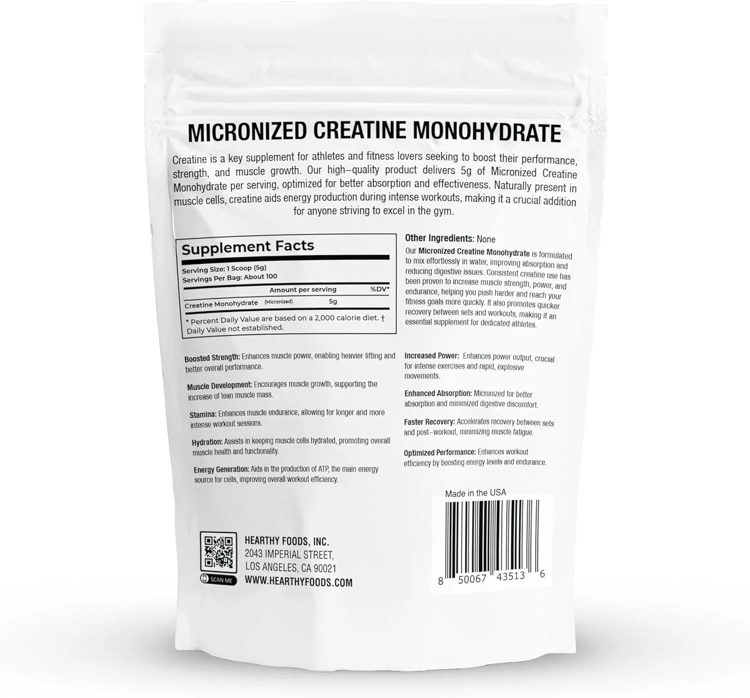 HEARTHY FOODS Creatine Monohydrate Micronized Powder 500G – 100 Servings, 5000mg