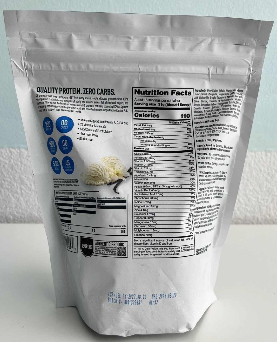 ISOPURE Zero Carb Whey Protein Isolate Powder, Creamy Vanilla, 25G Protein, 1Lb