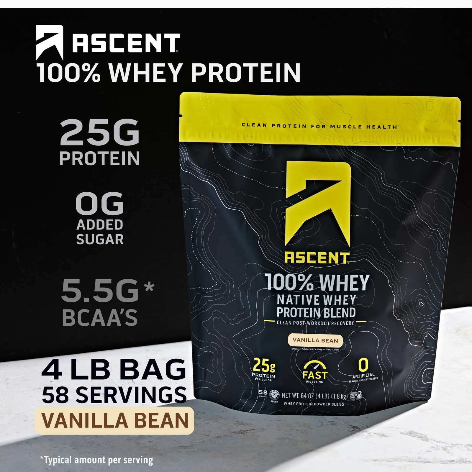 Ascent 100% Whey, Native Whey Protein Blend – Clean Post 4 Pounds (Pack of 1)