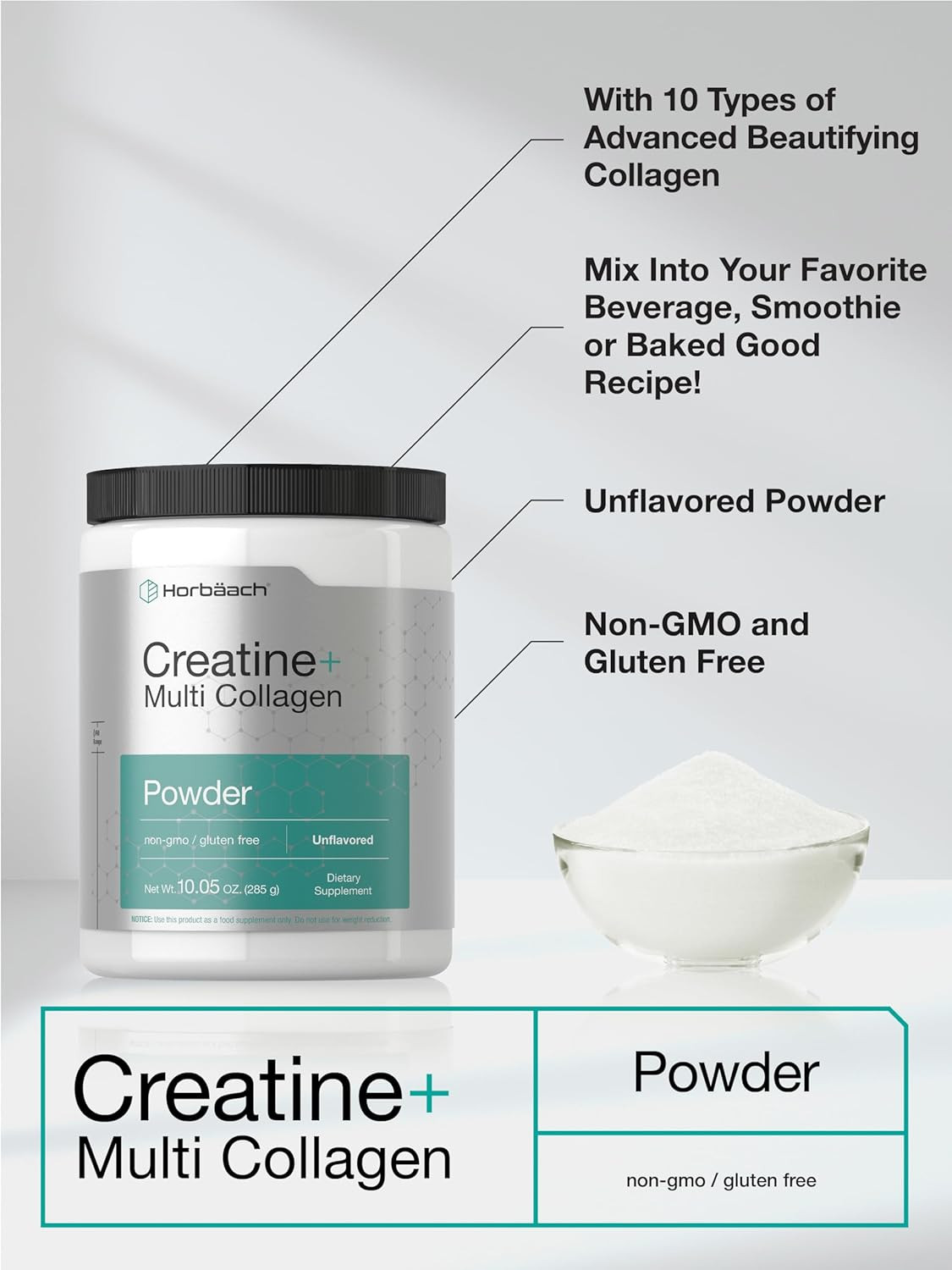 Horbäach Creatine Monohydrate Powder | with Collagen and L-Taurine | 10.05 Oz |