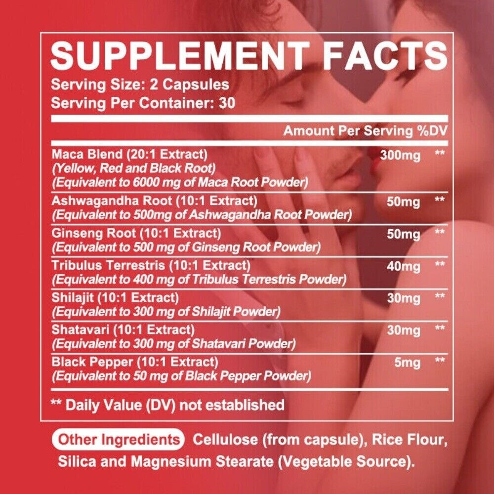 Maca Capsules 8050mg | 60 Caps | Red, Yellow, Black Maca | Ginseng, Tribulus