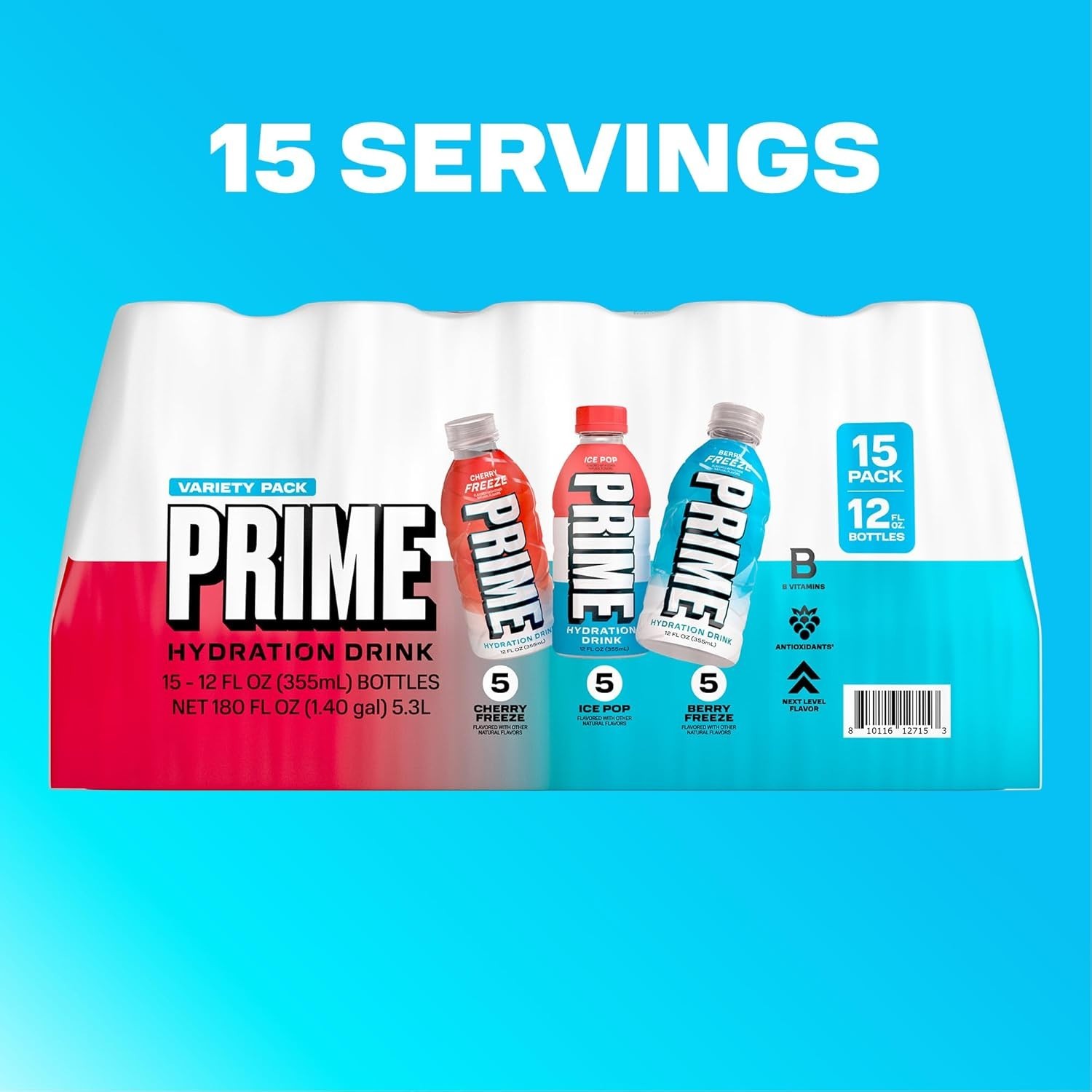 PRIME HYDRATION Variety,Berry Freeze,Cherry Freeze, Ice Pop Drinks,12 Oz,15 Pack