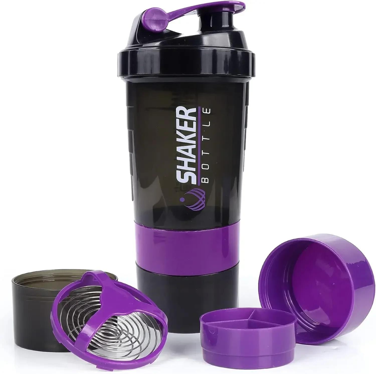 500ml Protein Shaker Bottle Layered Powder Storage Water Bottle Wire Ball