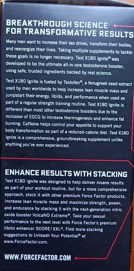FORCE FACTOR TEST X180 IGNITE TOTAL TEST BURN FAT SEX DRIVE SUPPLEMENT 60 CAPS!!