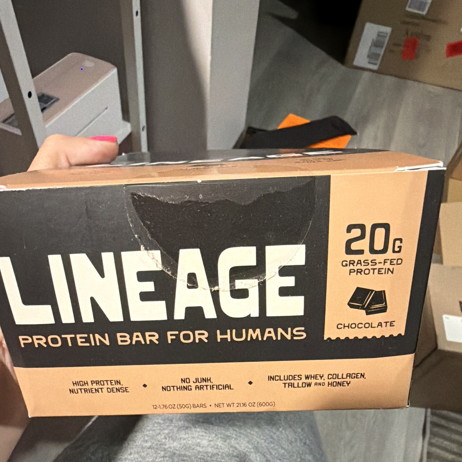 Lineage Protein Bar 20g Grass-Fed Gluten-Free Chocolate 12×1.76oz Exp 04/07/27
