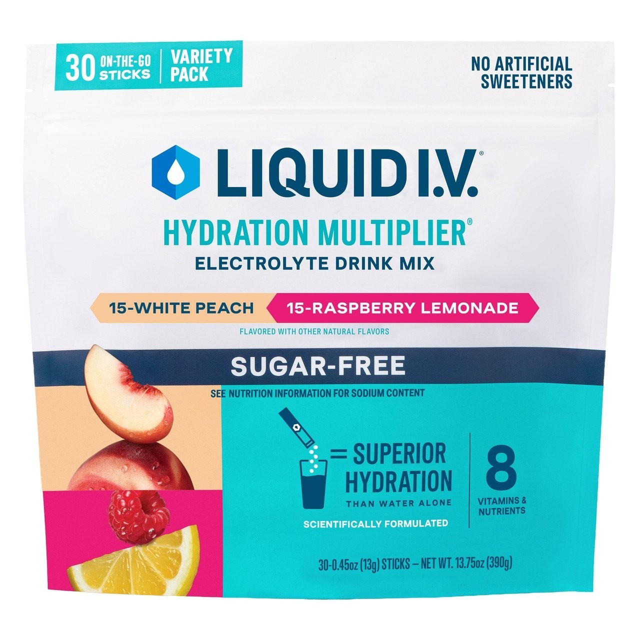 Liquid I.V. Hydration Multiplier Sugar-Free Powder, White Peach/Raspberry, 30