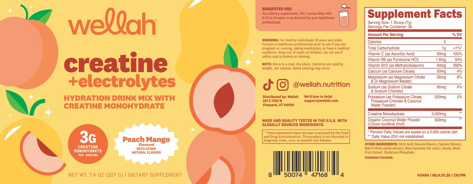 Wellah Creatine + Electrolytes Powder (Peach Mango) 30 Servings