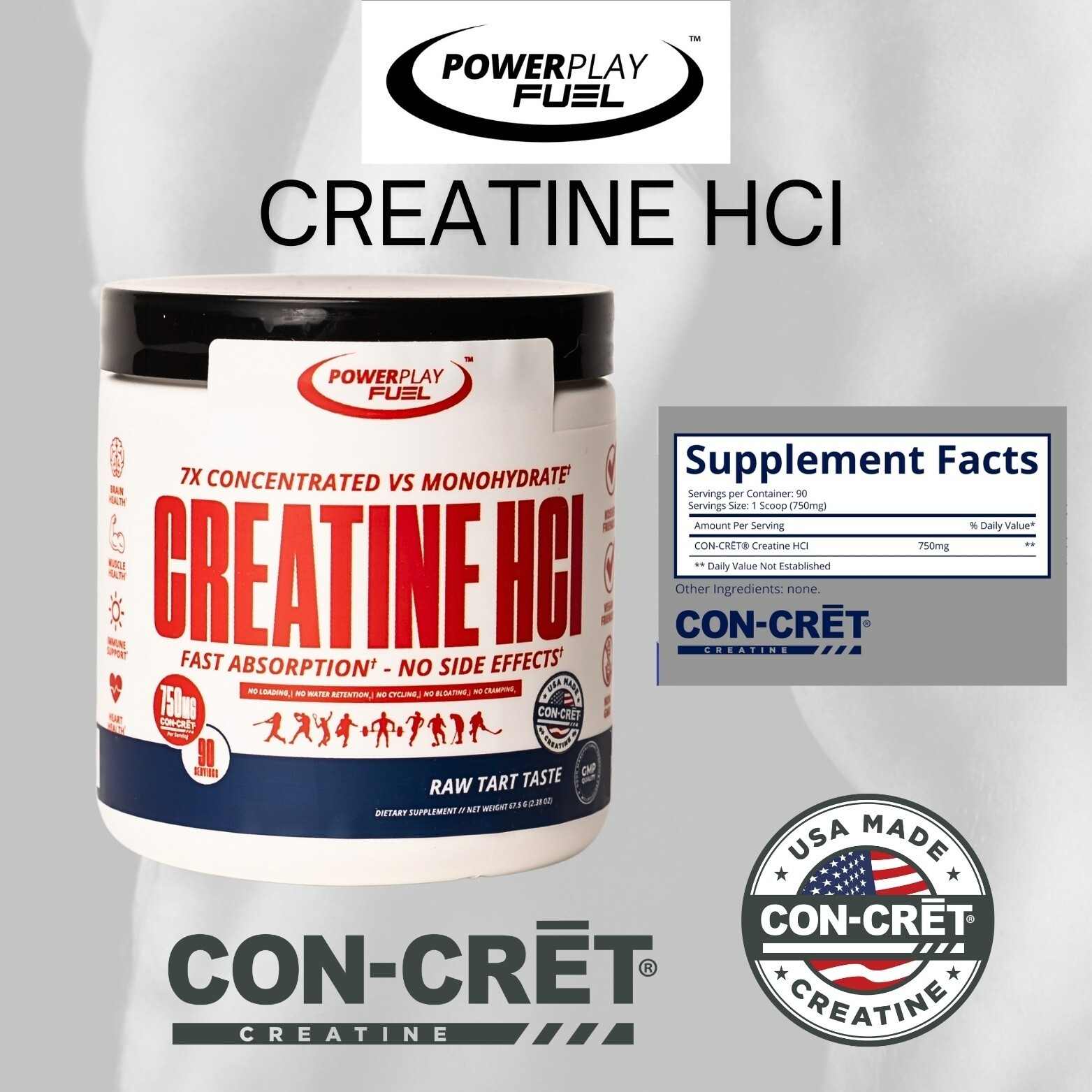 Power Play Fuel CREATINE HCl Powder – Raw Tart Taste, 67.5 G, 90 Servings