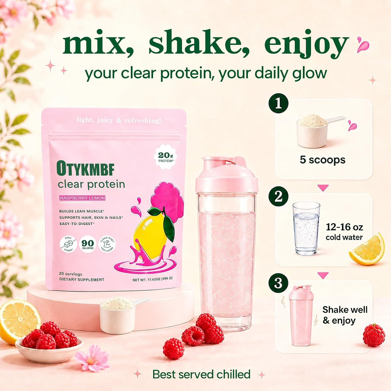 Clear Protein Powder 494G, Raspberry Lemon, 20G Protein, Whey Protein Isolate wi