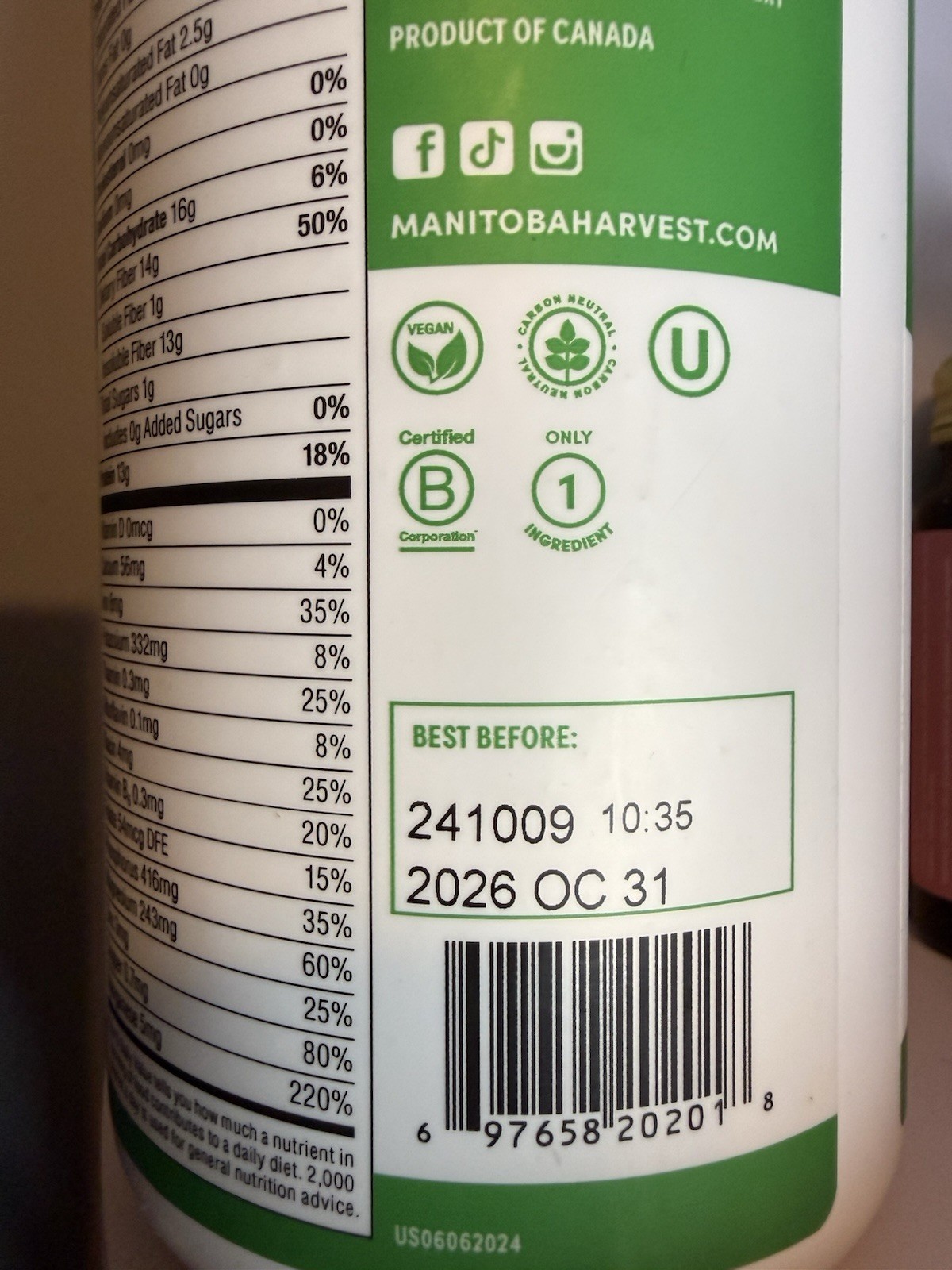 Manitoba Harvest Organic Max Fiber Hemp Protein Powder Unsweetened Vegan 454g