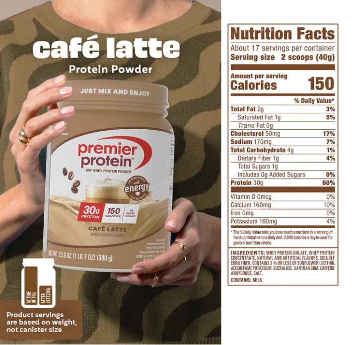 Premier Protein 100% Whey Protein Powder, Café Latte, 1.5 lb