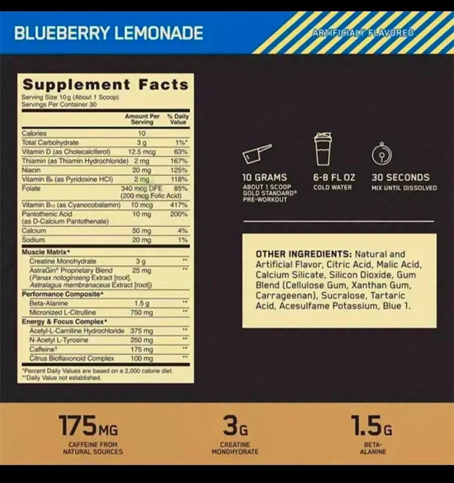 Gold Standard Pre -workout powder, Water Melon, Strawberry and Blueberry