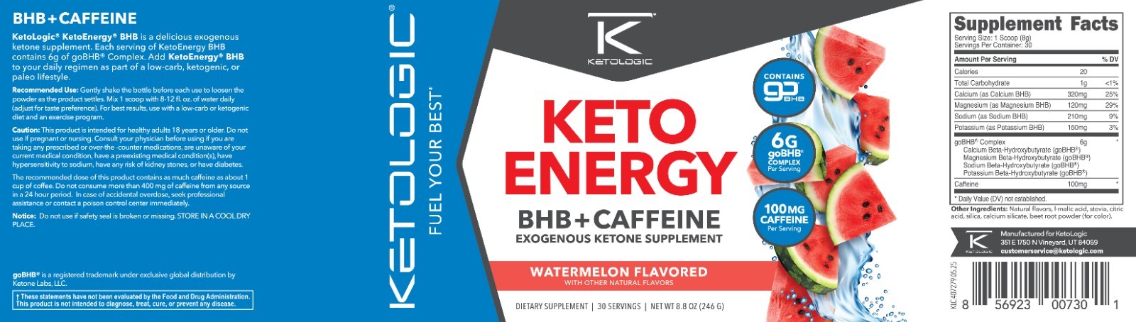Ketologic KetoEnergy (Watermelon) BHB + CAFFEINE Exogenous Supplement (30 serv)