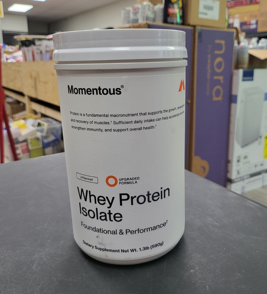 Momentous Whey Protein Isolate Powder Unflavored Grass Fed NSF Sport 1.3 lb