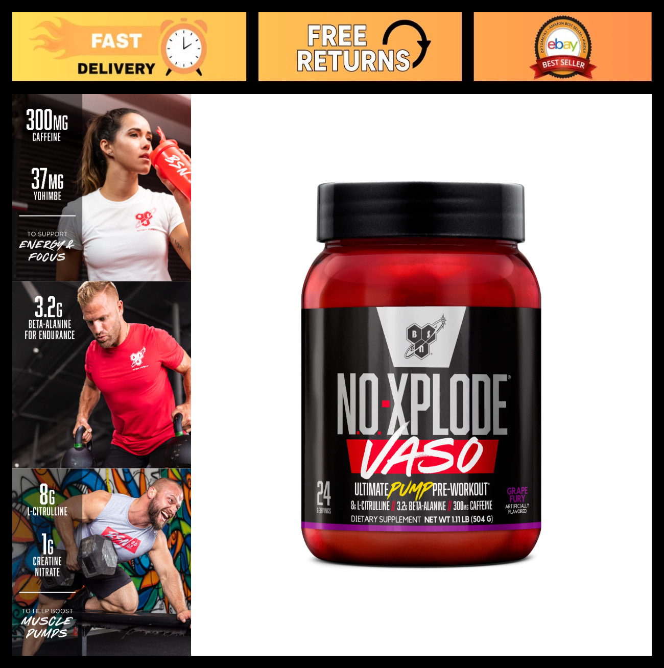 Pre Workout Powder – 8g L-Citrulline, 3.2g Beta-Alanine, Energy Boost, Grape Fur