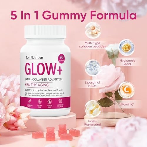 Jovi Glow+ NAD+ & Collagen Gummies, Multi-Type Hydrolyzed Collagen Peptides, Res