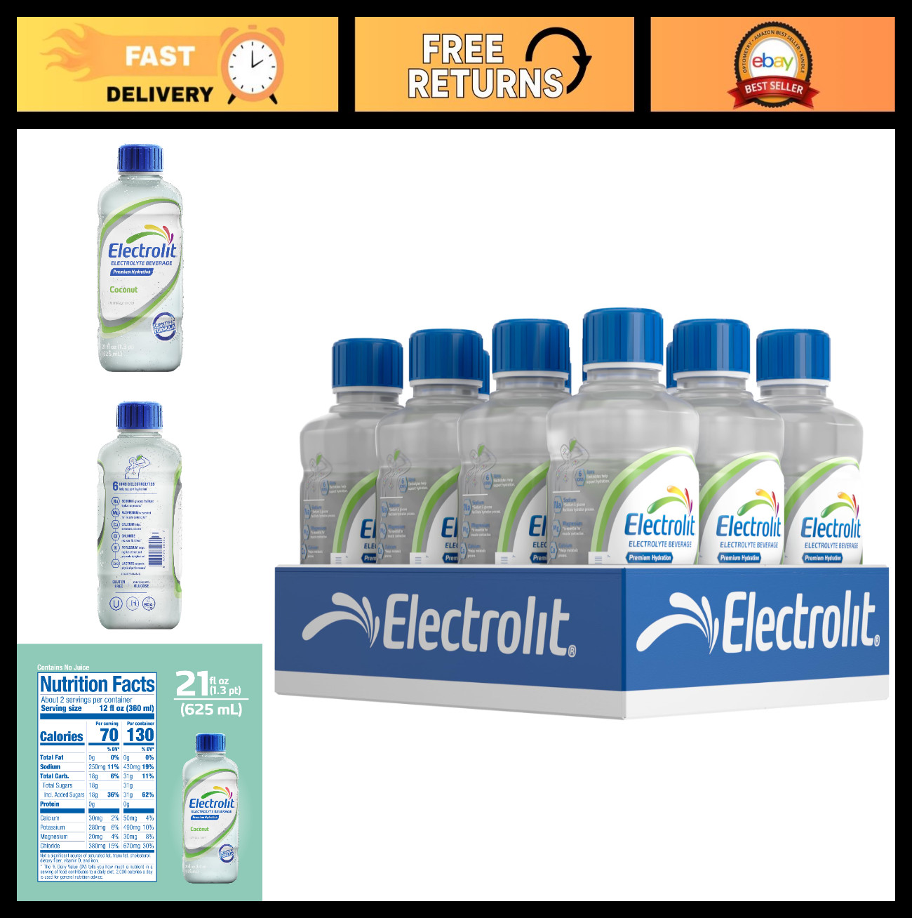 Electrolyte Drink Coconut Flavor, 21 Fl Oz Bottles, Hydration Pack of 12