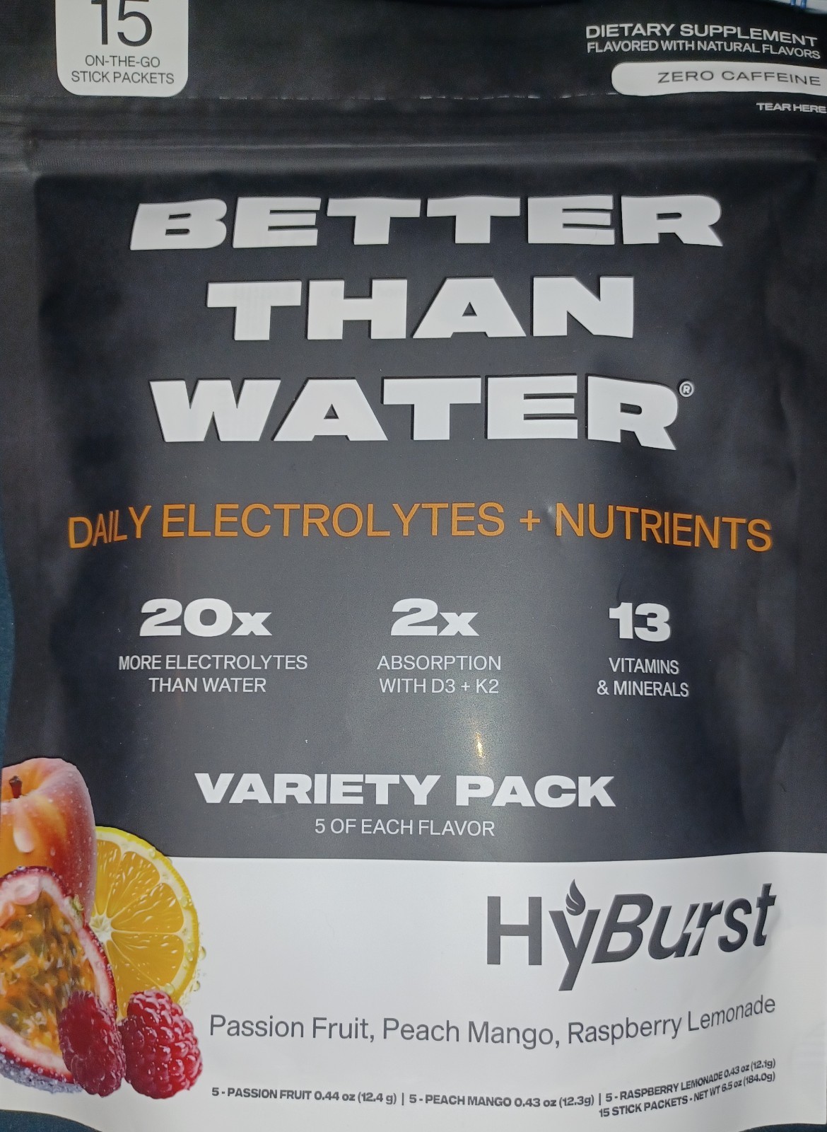 Hyburst Better Than Water Electrolytes Powder Packets Drink Mix Tropical Variety