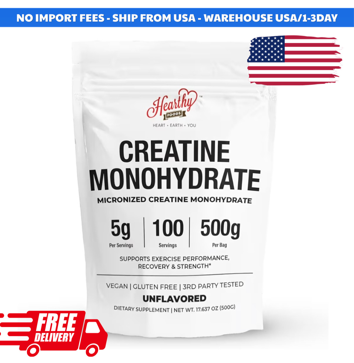 HEARTHY FOODS Creatine Monohydrate Micronized Powder 500G – 100 Servings, 5000mg
