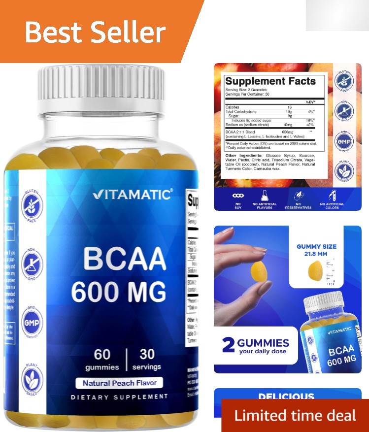 Delicious Peach BCAA Gummies – 600mg Amino Acids for Recovery – 60 Count