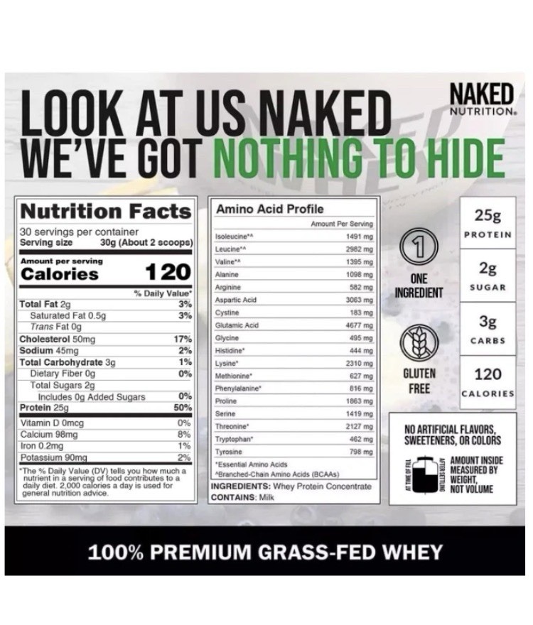 Naked Nutrition Grass-Fed Whey Protein Powder Unflavored GMO Free 2 lb