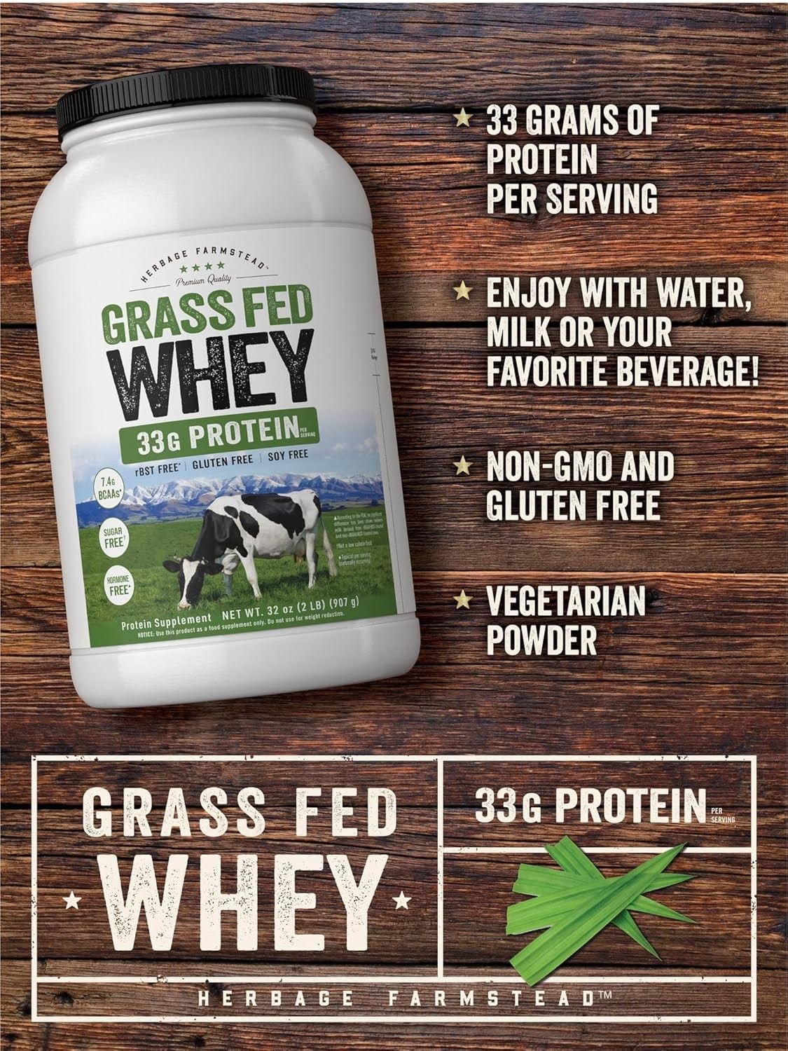 Grass Fed Whey Protein Powder 2lb Unflavored 33g Protein Non-GMO Gluten Free