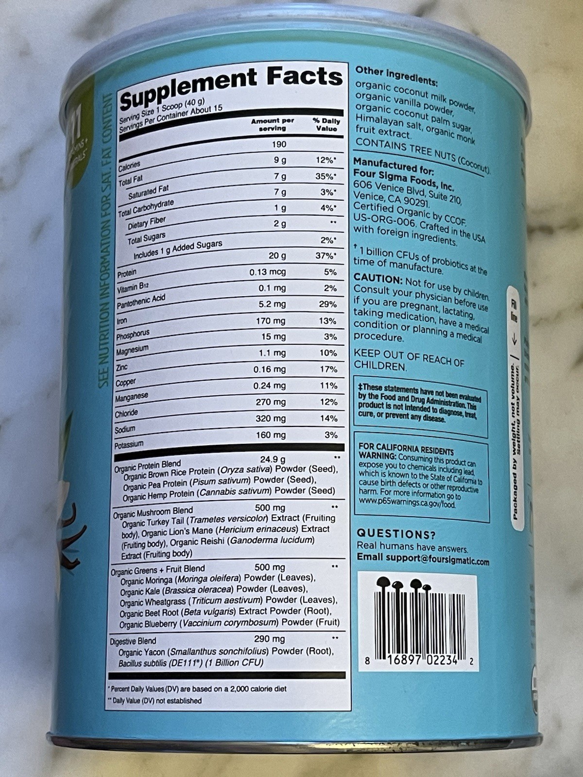 Four Sigmatic Plant Protein Mushrooms Vanilla Probiotics GF 1g Sugar NOV2026