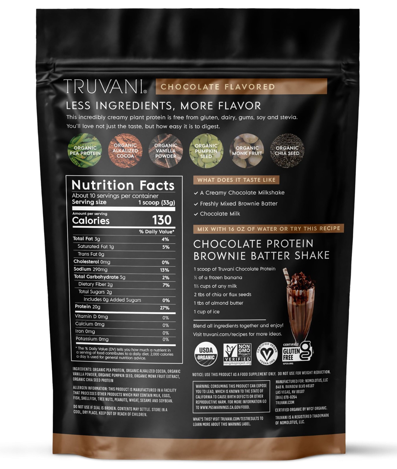 8/26 Truvani Vegan Pea Protein Powder | Chocolate | 20g Organic Plant Based Prot