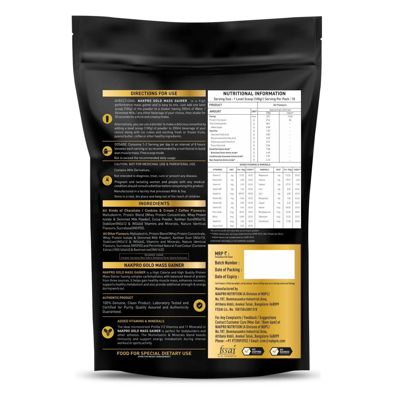 Nakpro Gold Mass Gainer Choco | 21g Protein, 68g Carb | 1kg