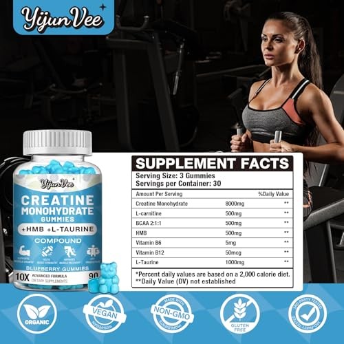Creatine Monohydrate Gummies 8000mg BCAA Taurine 180 Count