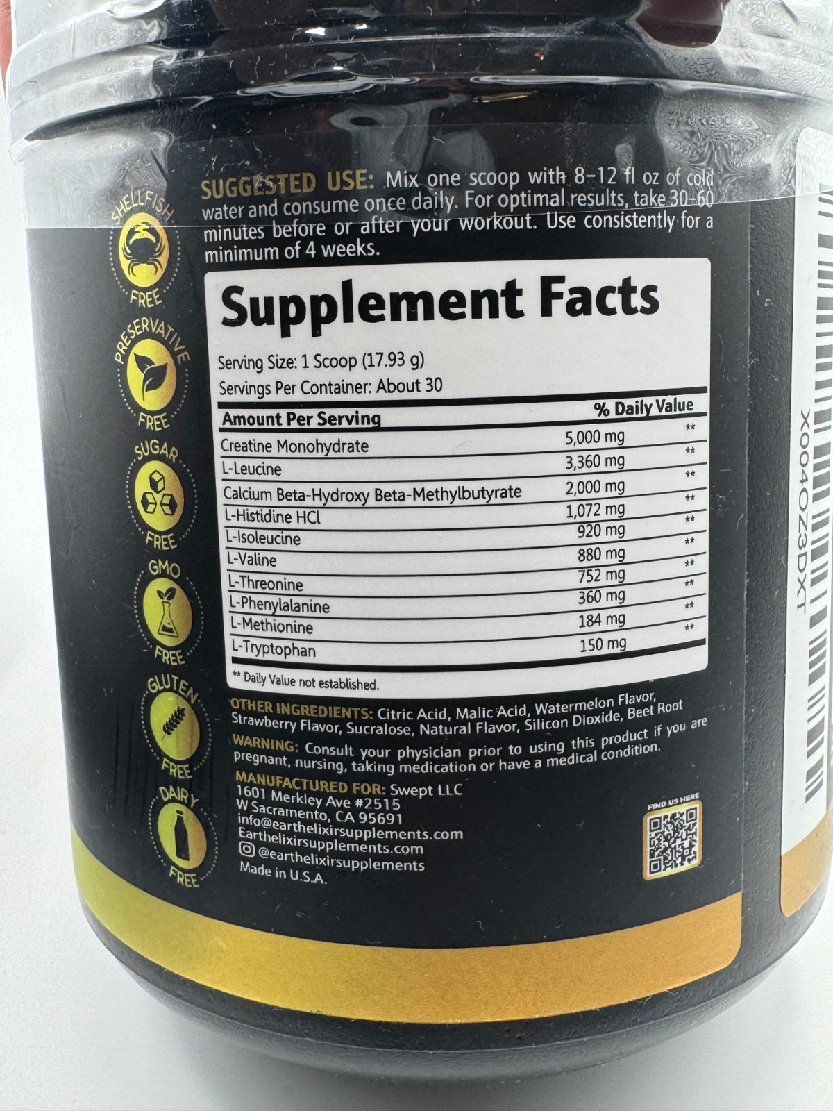 Earth Elixir Creatine + HMB EAA & BCAA Watermelon Powder 30 Servings New