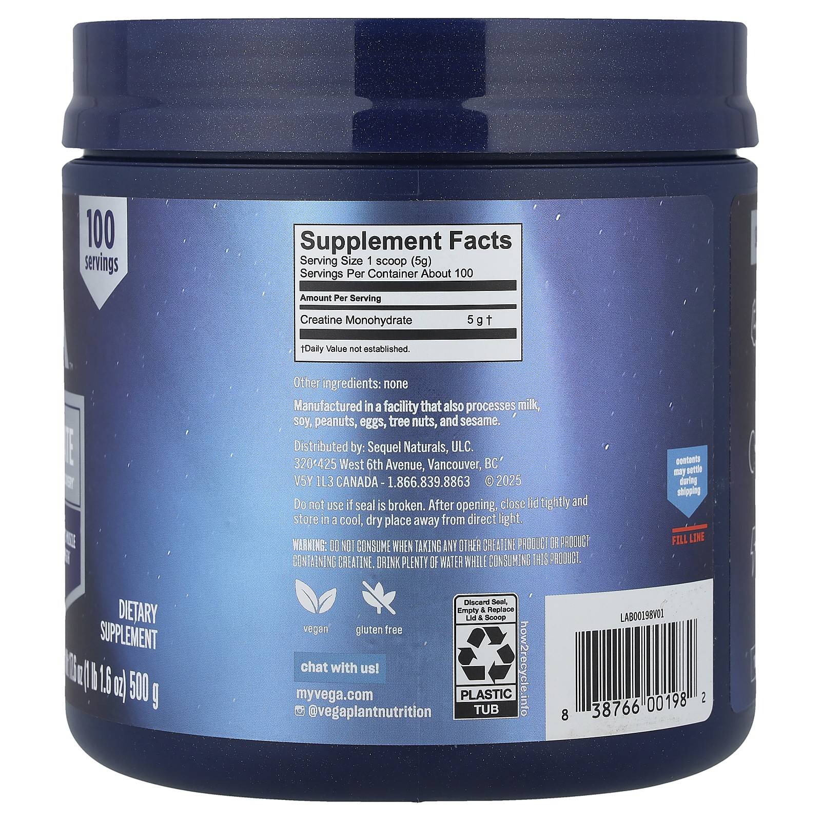 Creatine Monohydrate, Unflavored, 1 lb 1.6 oz (500 g)