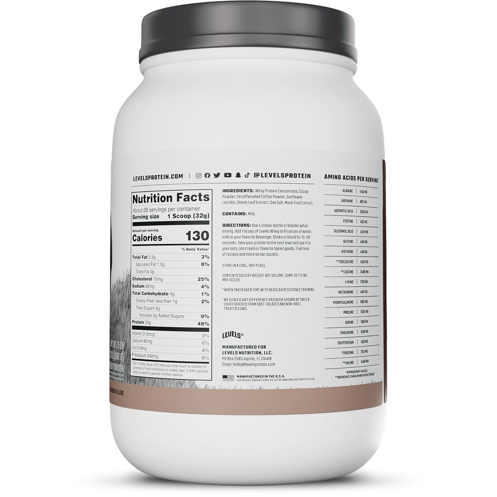Levels Grass Fed Whey Protein Powder No Artificials 24G of Protein Chocolate …