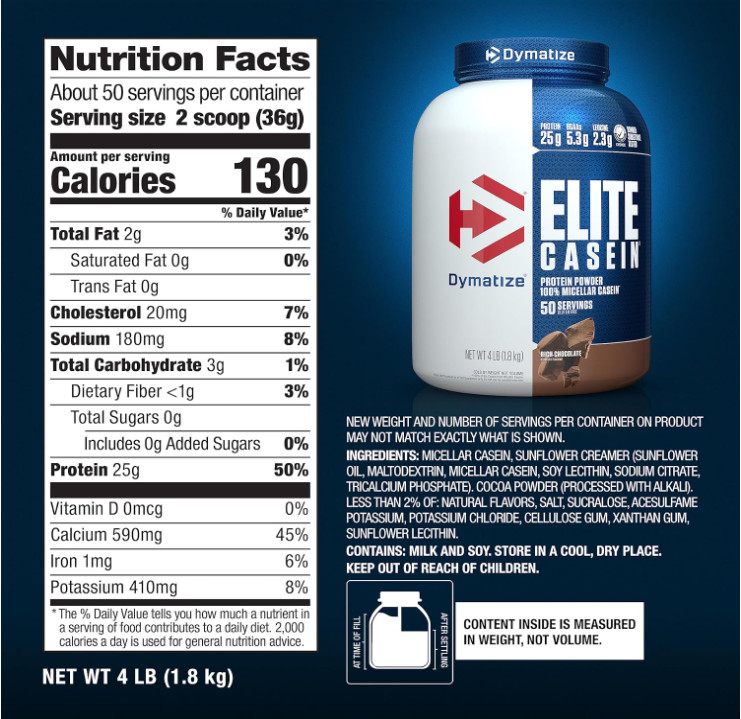 Dymatize Elite Casein Protein Powder, Chocolate, 4 lb, 50 Servings
