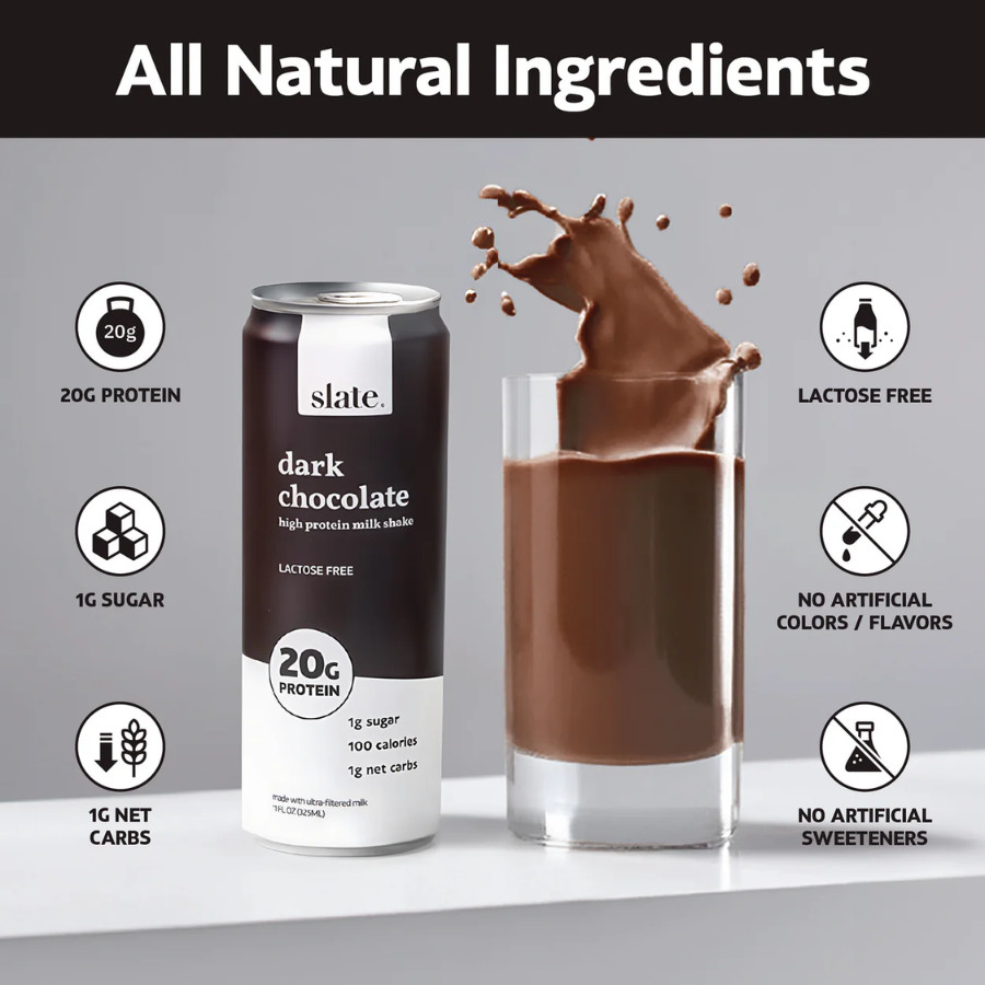 Slate 20G Protein Milk Shakes – Keto, Dark Chocolate Shake (11 fl oz), 12 Cans
