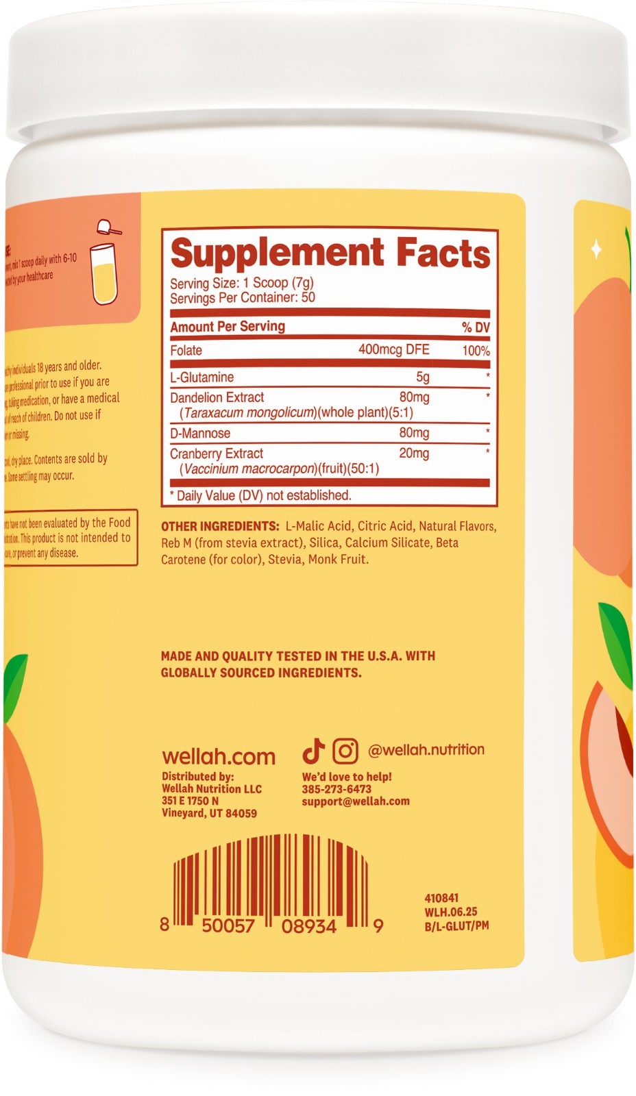 Wellah L-Glutamine Peach Mango (50 Servings) – 5g L-Glutamine Per Serving, Sweet